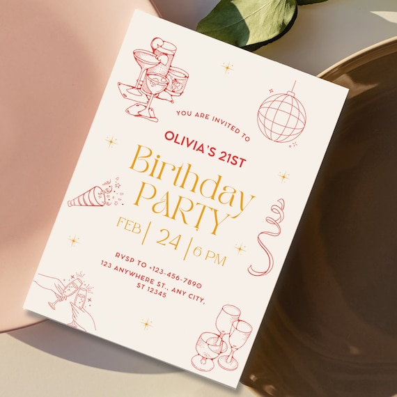 21st Birthday Invitation Template, Retro Disco, 21st 30th 40th 50th Celebration, Editable Cocktail Party Decor, Printable Unique Template