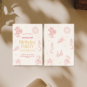 May include: A red and gold birthday party invitation with a disco ball, champagne glasses, and party hats. The text reads "You are invited to Olivia's 21st Birthday Party, Feb 24 | 6 PM, RSVP to 123-456-7890, 123 Anywhere St., Any City, ST 12345".