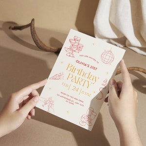 May include: A white invitation card with red and gold text. The text reads "You are invited to Olivia's 21st Birthday Party Feb 24 | 6 PM RSVP to 123-456-7890 123 Anywhere St., Any City, ST 12345". The card is decorated with red and gold illustrations of party hats, confetti, and champagne glasses.