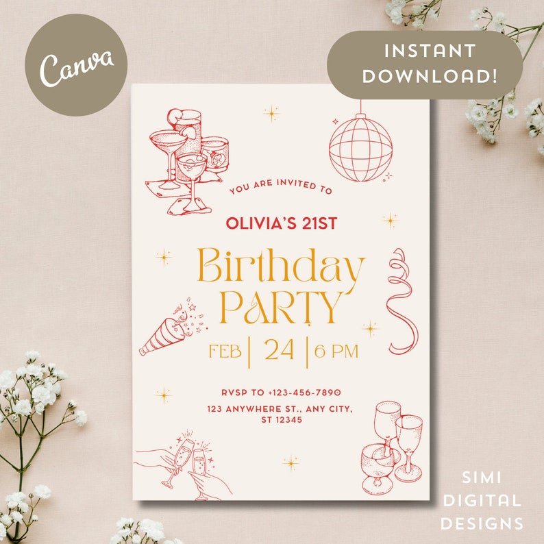 May include: A digital printable invitation for a 21st birthday party. The invitation features a red and gold color scheme with illustrations of champagne glasses, a disco ball, and a party horn. The text reads "You are invited to Olivia's 21st Birthday Party, Feb 24 | 6 PM".