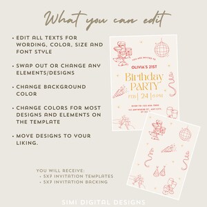 May include: A printable 5x7 inch invitation template for a 21st birthday party. The template features a gold and red color scheme with illustrations of party hats, confetti, and champagne glasses. The text on the invitation reads "You are invited to Olivia's 21st Birthday Party" and "Feb 24 | 6 PM".