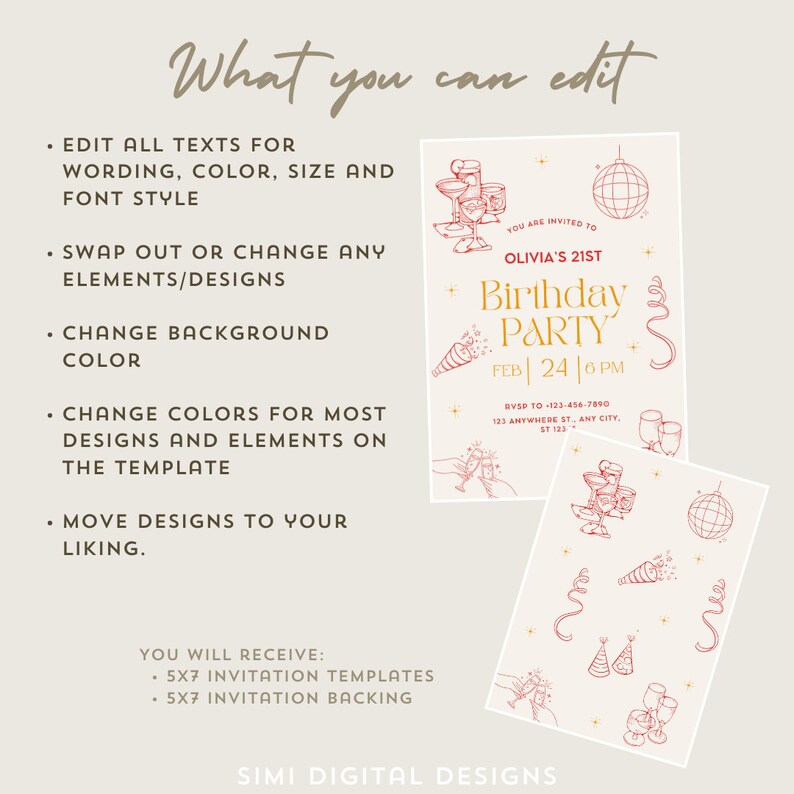 May include: A printable 5x7 inch invitation template for a 21st birthday party. The template features a gold and red color scheme with illustrations of party hats, confetti, and champagne glasses. The text on the invitation reads "You are invited to Olivia's 21st Birthday Party" and "Feb 24 | 6 PM".