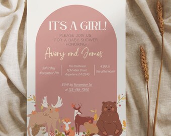 Woodland Creatures Baby Shower Invitation, Cute Forest Green Nature Theme, Easy Printable Customizable Canva Template, Rustic Neutral