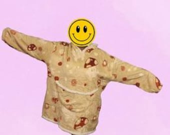 Cozy Sherpa Mushroom Blanket Hoodie - Soft Womenswear with Smiley Face Design and Red Mushroom Patterns