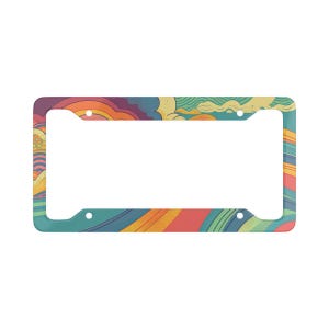 May include: A colorful license plate frame with a psychedelic design featuring swirls of blue, green, yellow, orange, and red.