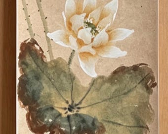 white lotus flower chinese ink painting mounted ancient style unique handmade decoration for living room study room 仿古紙荷花國畫水墨畫手繪高級感高端雅致裝飾畫