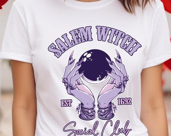 Camiseta de bruja de Salem, camiseta con gráfico de bola de cristal de bruja, camiseta gótica de Halloween, top de witchcore místico, ropa de estética oculta