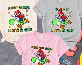 Personalized Mario Back to School Greade Shirt, All Grade Let's-a Go Tee, Custom School Party Outfit for Kids