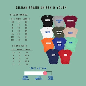 May include: A product display featuring Gildan brand unisex and youth t-shirts in various colors, including black, white, and red. The image includes a size chart with measurements in inches and the text "100% Cotton."