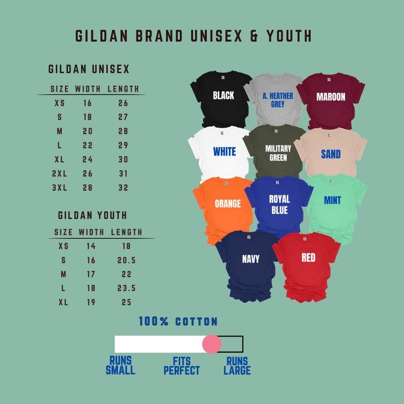 May include: A product display featuring Gildan brand unisex and youth t-shirts in various colors, including black, white, and red. The image includes a size chart with measurements in inches and the text "100% Cotton."