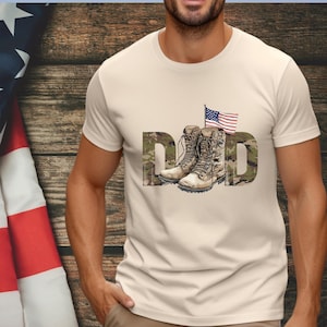Proud Army Father Apparel, Father’s Day, Army Dad Shirt, Military Dad Gift, Camo Army Boots American Flag T-Shirt, Veteran Dad Graphic Tee