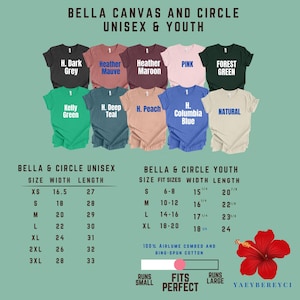 May include: A product display featuring Bella Canvas and Circle unisex and youth t-shirts in various colors, including dark grey, pink, and forest green. Size charts and fabric details are also shown. The text "Fits Perfect" is also visible.