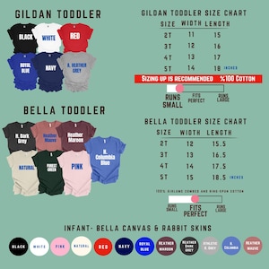 May include: A chart displaying Gildan and Bella toddler t-shirts in various colors, including black, white, red, and blue. Size charts in inches are also shown, with sizing recommendations and fabric details.