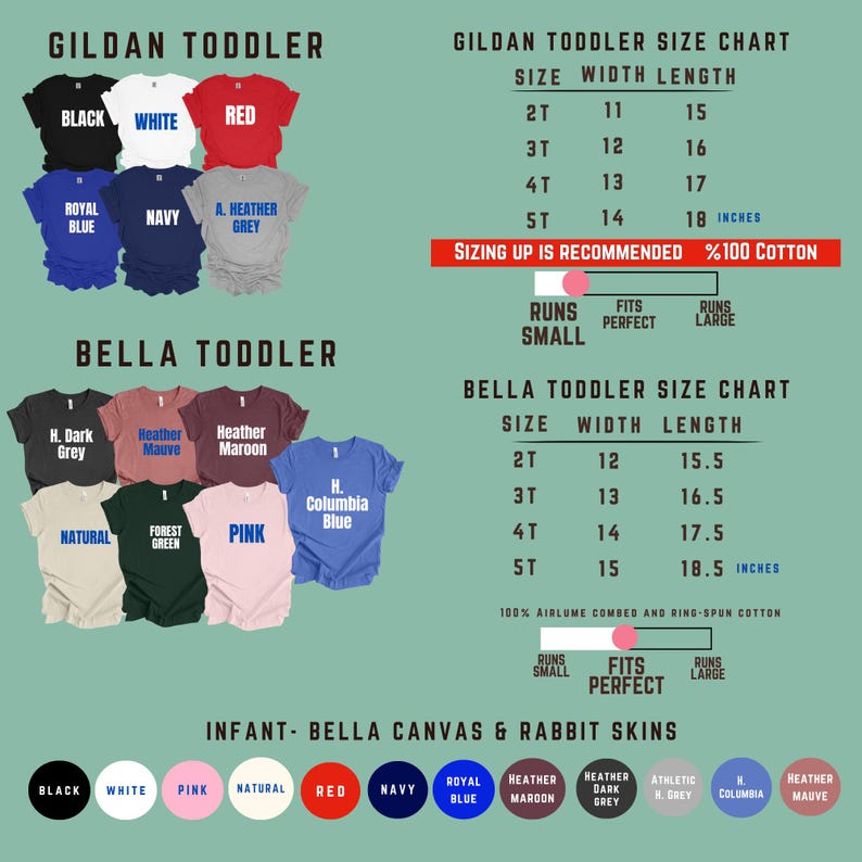 May include: A chart displaying Gildan and Bella toddler t-shirts in various colors, including black, white, red, and blue. Size charts in inches are also shown, with sizing recommendations and fabric details.