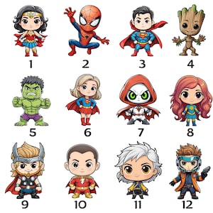 May include: A collection of twelve cartoon-style superhero figures. The characters include Wonder Woman, Spider-Man, Superman, Groot, Hulk, Supergirl, Red Hood, a female superhero, Thor, Shazam, a character with white hair, and Star-Lord.