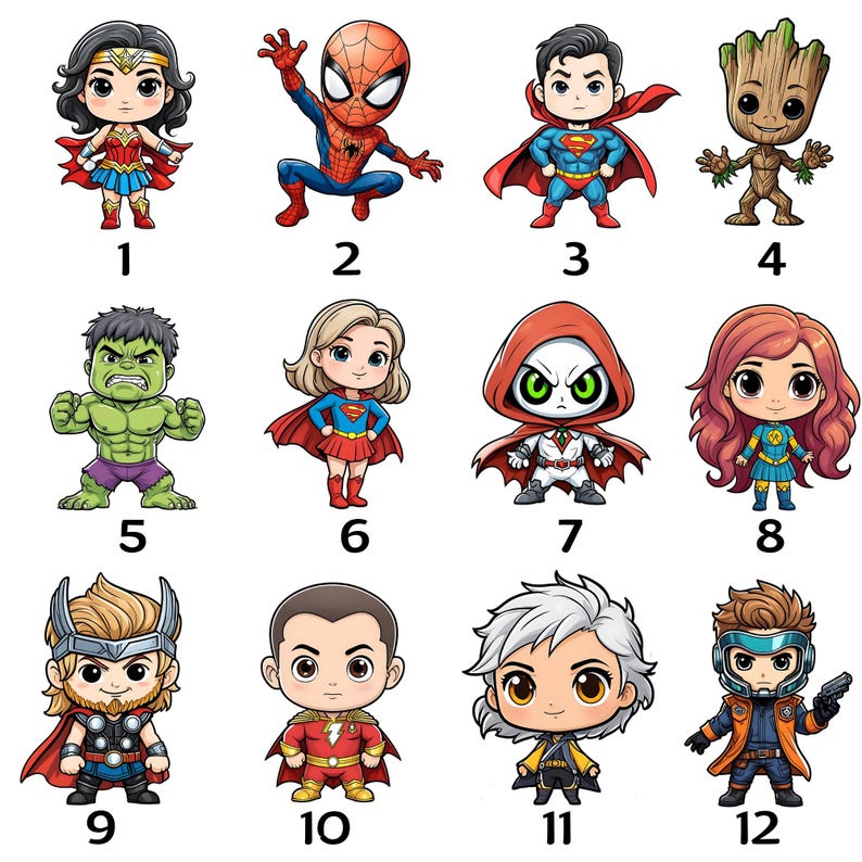 May include: A collection of twelve cartoon-style superhero figures. The characters include Wonder Woman, Spider-Man, Superman, Groot, Hulk, Supergirl, Red Hood, a female superhero, Thor, Shazam, a character with white hair, and Star-Lord.