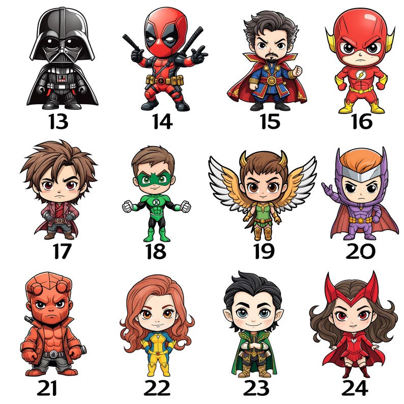 May include: A collection of chibi-style superhero and villain figurines. Characters include Darth Vader, Deadpool, Doctor Strange, The Flash, and others. Each figure is brightly colored and numbered.
