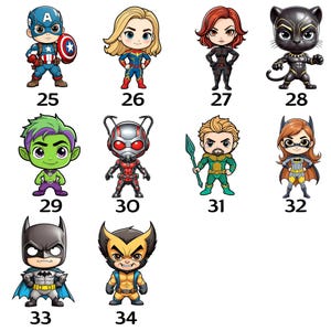May include: A collection of cartoon-style superhero figures, each with unique costumes and features. Characters include Captain America, Captain Marvel, Black Widow, Black Panther, Beast Boy, Ant-Man, Aquaman, Batgirl, Batman, and Wolverine. Each figure is numbered.