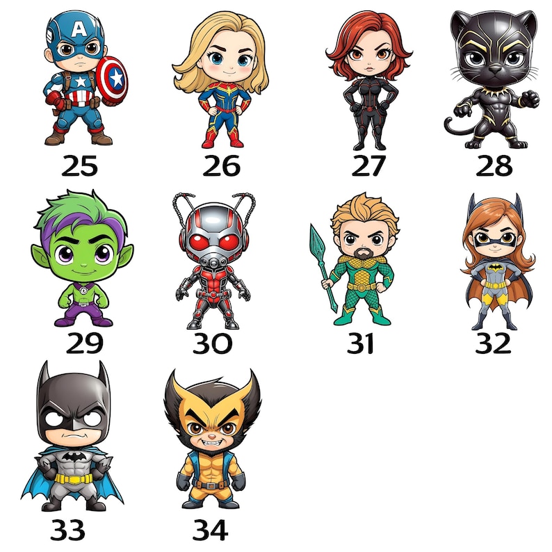 May include: A collection of cartoon-style superhero figures, each with unique costumes and features. Characters include Captain America, Captain Marvel, Black Widow, Black Panther, Beast Boy, Ant-Man, Aquaman, Batgirl, Batman, and Wolverine. Each figure is numbered.