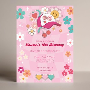 Retro Pink Trucker Hat Birthday Party Invitation Trucker Hat Bar Party EDITABLE Template Girl Retro Printable Invitation Digital Download