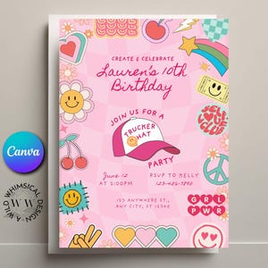 Retro Pink Trucker Hat Birthday Party Invitation Trucker Hat Bar Party EDITABLE Template Girl Retro Printable Invitation Digital Download