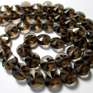 Smoky Quartz carved coin bead- 8mm- 10 beads