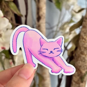 Cute Pink Stretching Cat, Waterproof Glossy Vinyl Sticker for Water Bottles, Laptop Decal