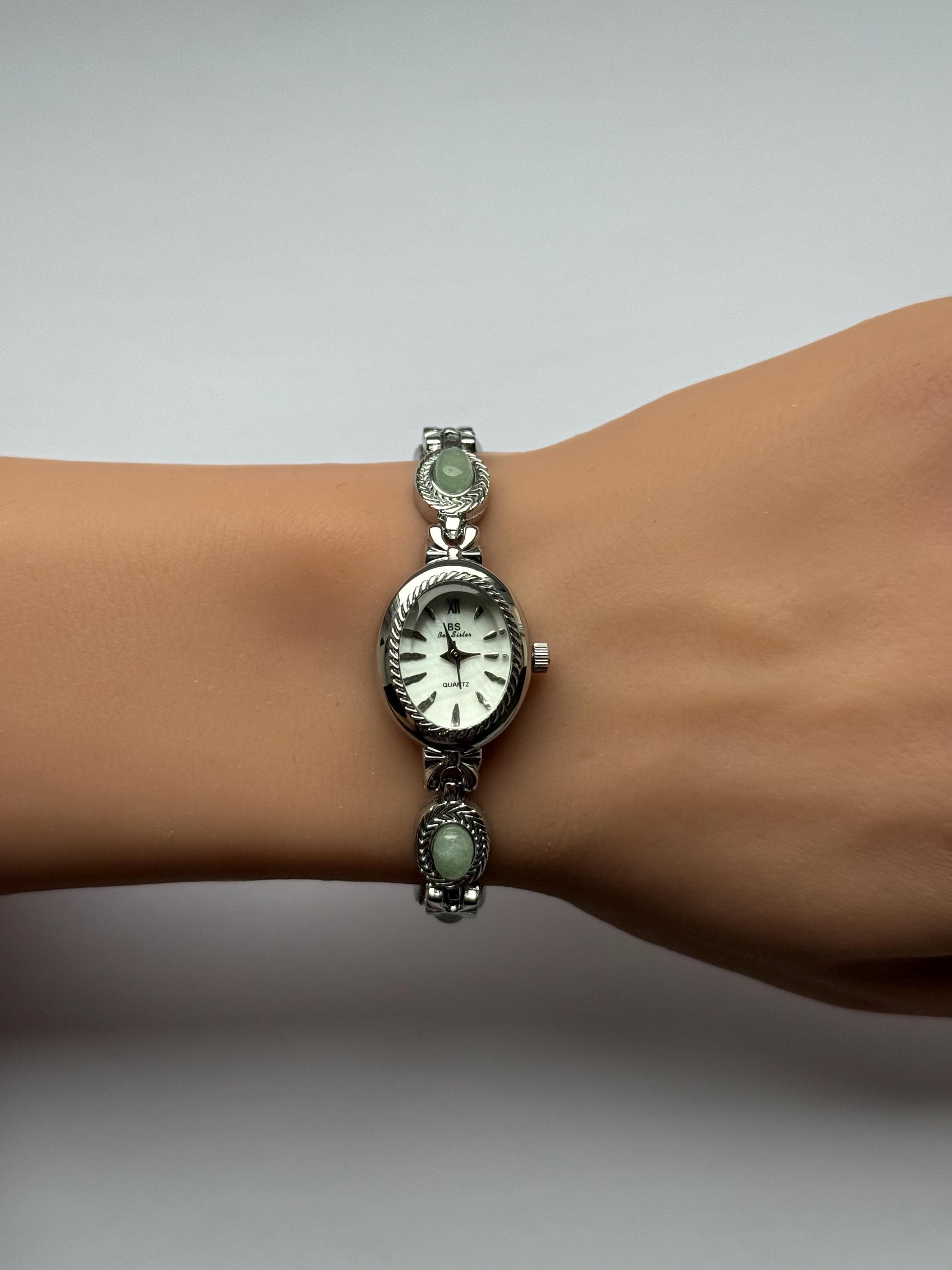 Sku0458 Retro Silver Green Gemstones Women Minimalist Watch Bracelet + gift bag Silver and Green Watch Women Dainty - Etsy main image 2