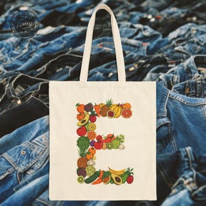Personalized gifts - Fruit-Vege-Letter E Tote Bag-Initial gift-Grocery Shopping, Initial, Minimalist, Canvas Bag, Reusable, Alphabet Bags