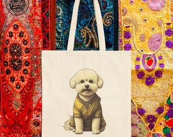 Best gift ! Vintage Digital art print Canvas Tote Bag ~ Saree Indian Poodle ~ Traditional, Shopping Traveling | Perfect Gift for Dog Lovers!