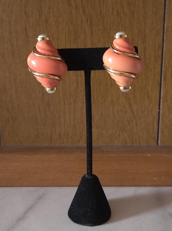 Kenneth Jay Lane KJL Coral Orange Conical Shell C… - image 1