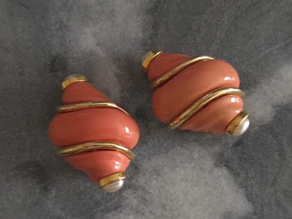 Kenneth Jay Lane KJL Coral Orange Conical Shell C… - image 2