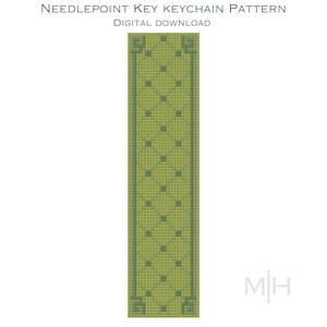 May include: A needlepoint key keychain pattern digital download featuring a vertical rectangular design with a repeating diamond grid in shades of olive and sage green, accented by small dark green squares. The text reads NEEDLEPOINT KEY KEYCHAIN PATTERN DIGITAL DOWNLOAD.