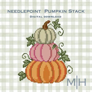 Puede incluir: Un patrón de punto de cruz de una pila de calabazas con una calabaza blanca arriba, una rosa en el medio y una naranja abajo, decorado con hojas y zarcillos verdes. El texto dice NEEDLEPOINT PUMPKIN STACK DIGITAL DOWNLOAD.