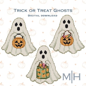 May include: Three white ghost figures rendered in a cross-stitch pattern, each holding a different container. The text reads TRICK OR TREAT GHOSTS DIGITAL DOWNLOAD. The ghosts are positioned against a background of small, faint orange pumpkins.