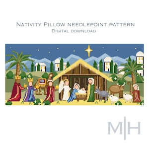 Könnte beinhalten: Ein Pixel-Art-Stickmuster mit dem Titel NATIVITY PILLOW NEEDLEPOINT PATTERN DIGITAL DOWNLOAD. Das Design zeigt eine Krippenszene mit Figuren, Tieren, Palmen und einem hellen Stern vor einem Nachthimmel mit Bergen und Gebäuden im Hintergrund.