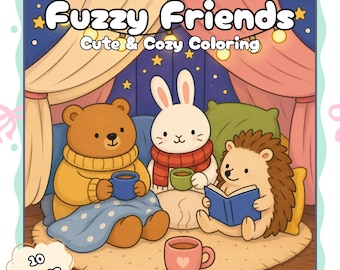 Fuzzy Friends Coloring Book, Cozy Animal Coloring Pages, Cute Bear Bunny Hedgehog Printable, Kids & Adult Relaxing Art