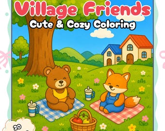 Village Friends Cozy Coloring Book, 20 Printable Pages, Cute Cottage Animals, Relaxing Adult Coloring, Kids Activity PDF