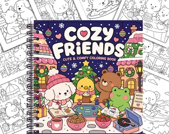 May include: A spiral-bound colouring book titled Cozy Friends Cute & Comfy Colouring Book featuring a colourful illustration of a white dog, a yellow chick, a brown bear, and a green frog sitting at a table with holiday treats and decorations.