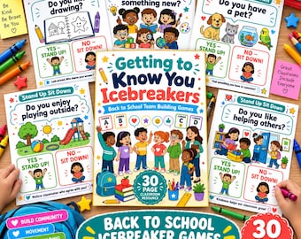Puede incluir: Una colección de hojas de recursos educativos titulada Getting to Know You Icebreakers, que presenta ilustraciones coloridas de niños, juegos interactivos Stand Up Sit Down y temas de regreso a clases con texto y gráficos.