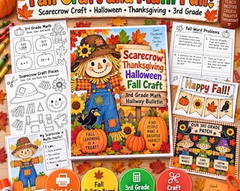 Fall 3rd Grade Math Craft PDF | Scarecrow Halloween Thanksgiving Activities | Autumn Bulletin Board Printable