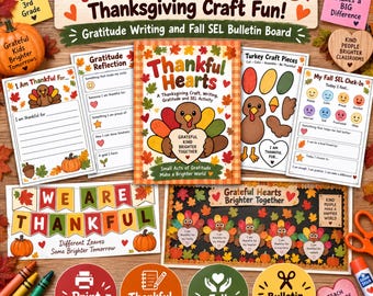 Thanksgiving Gratitude Craft PDF | Thankful Turkey Writing & Fall SEL Activities | Classroom Bulletin Board Printable