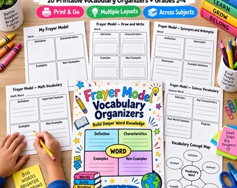 Frayer Model Vocabulary Organizers PDF | 20 Printable Vocabulary Worksheets | Grades 2-4 ELA Graphic Organizers