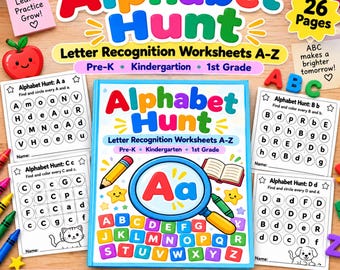 Alphabet Hunt Worksheets PDF | Letter Recognition A-Z | 26 Printable Preschool Kindergarten Activities