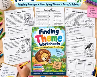 Finding Theme Worksheets PDF | Reading Passages & Text Evidence Activities | Aesop Fables Upper Elementary