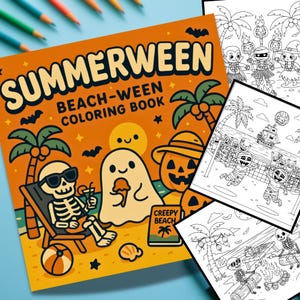 Könnte beinhalten: Ein orangefarbenes "SUMMERWEEN BEACH-WEEN COLORING BOOK" mit Illustrationen von Halloween-Charakteren am Strand. Das Cover zeigt ein Skelett mit Sonnenbrille, einen Geist und einen Kürbis. Ausmalbilder mit ähnlichen Themen sind sichtbar.