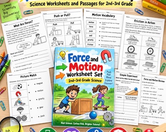 Force and Motion Worksheets PDF | 2nd 3rd Grade Science Passages Activities | Push Pull Friction Gravity