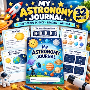 May include: A 32-page My Astronomy Journal with a blue space-themed cover featuring planets, a telescope, and a sun. The journal is surrounded by educational activity sheets about the sun, moon phases, planets, and star patterns.