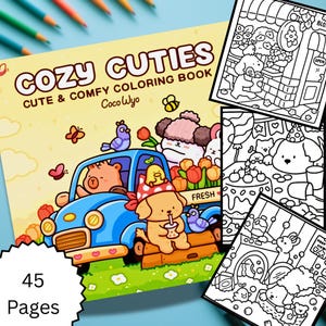 Coco Wyo Cozy Cuties Coloring Book for Adults & Kids, 45 Cute Relaxation Pages, Instant Digital Download PDF, Fun Self-Care Activity