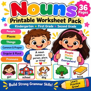 Könnte beinhalten: Ein druckbares Arbeitsblatt-Paket mit dem Titel Nouns mit 36 Seiten für Kindergarten, erste und zweite Klasse. Das Cover zeigt zwei Zeichentrickkinder, die Schilder mit Text über Substantive halten, umgeben von bunten Illustrationen.